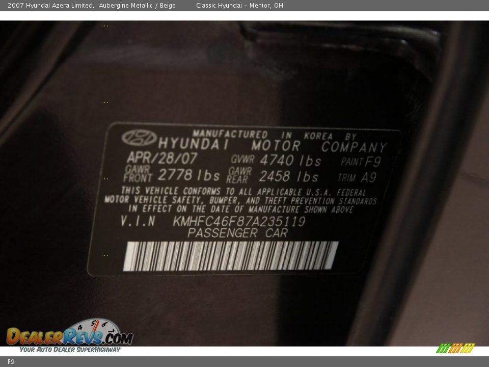 Hyundai Color Code F9 Aubergine Metallic