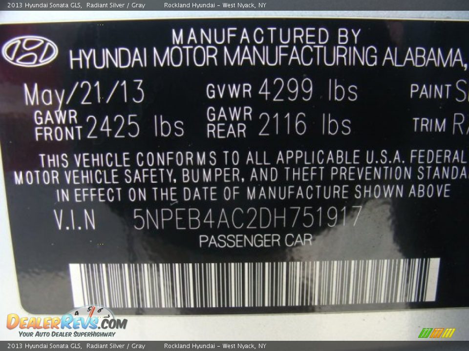 2013 Hyundai Sonata GLS Radiant Silver / Gray Photo #31