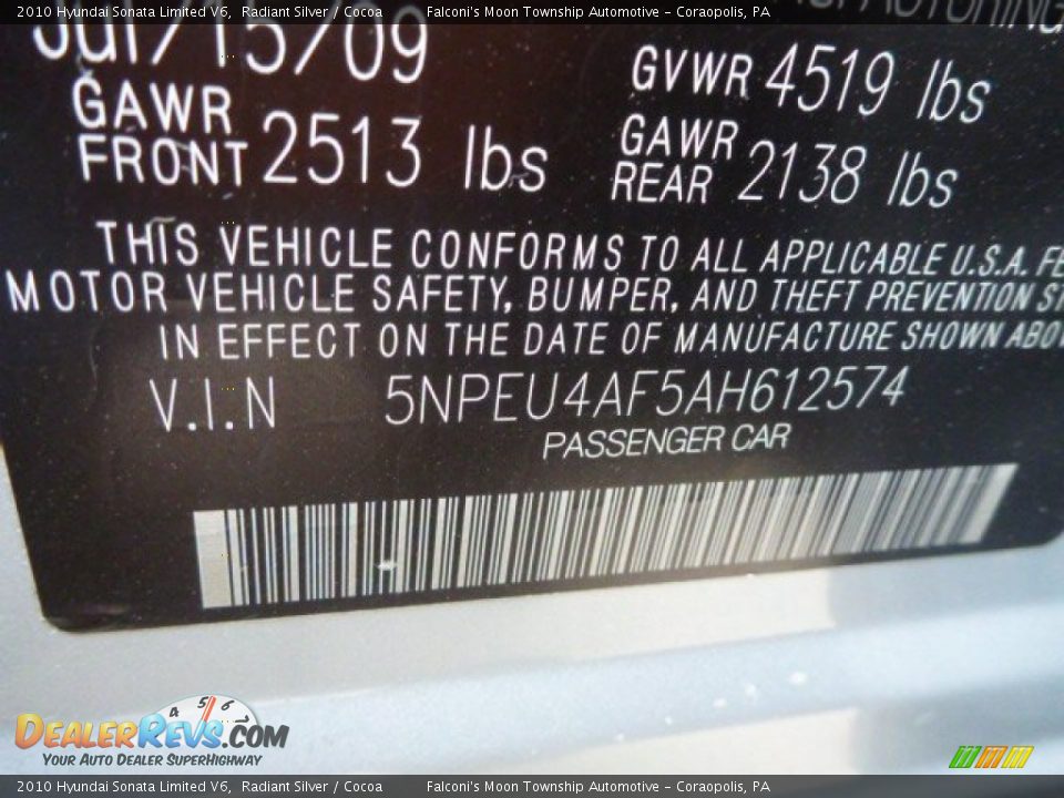 2010 Hyundai Sonata Limited V6 Radiant Silver / Cocoa Photo #2