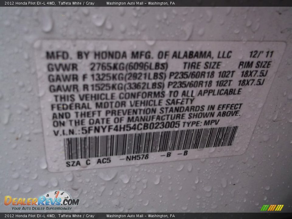 2012 Honda Pilot EX-L 4WD Taffeta White / Gray Photo #23