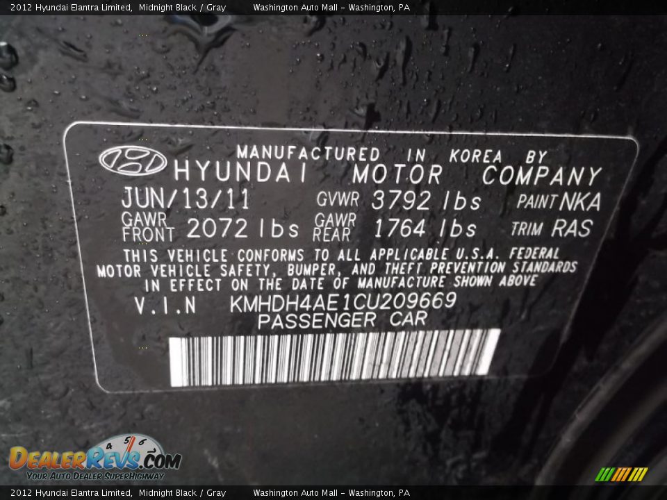 2012 Hyundai Elantra Limited Midnight Black / Gray Photo #19