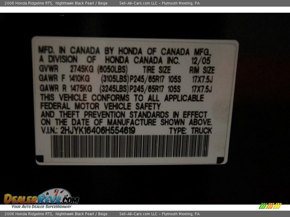 2006 Honda Ridgeline RTS Nighthawk Black Pearl / Beige Photo #14