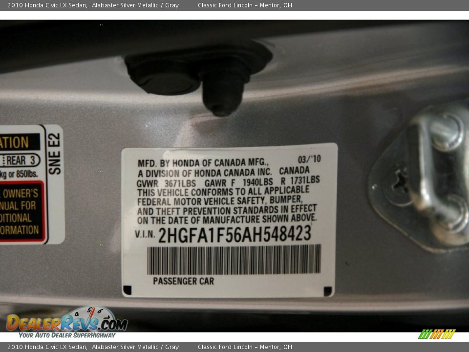 2010 Honda Civic LX Sedan Alabaster Silver Metallic / Gray Photo #15