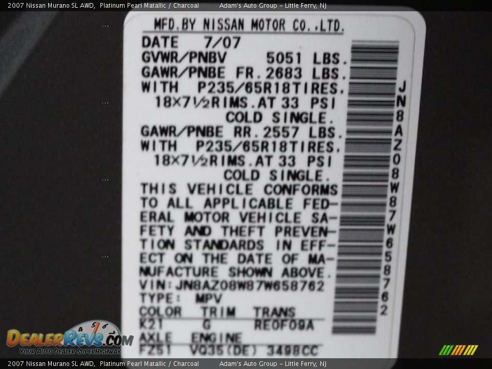 2007 Nissan Murano SL AWD Platinum Pearl Matallic / Charcoal Photo #27