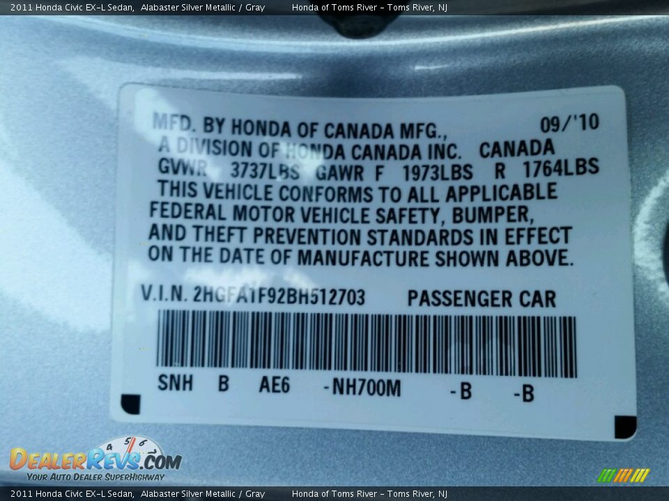 2011 Honda Civic EX-L Sedan Alabaster Silver Metallic / Gray Photo #15