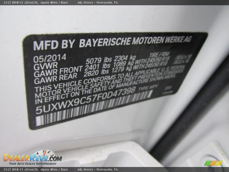 2015 BMW X3 xDrive28i Alpine White / Black Photo #19
