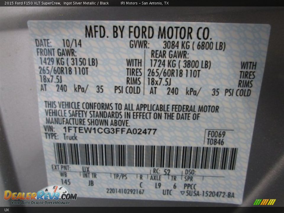 Ford Color Code UX Ingot Silver Metallic