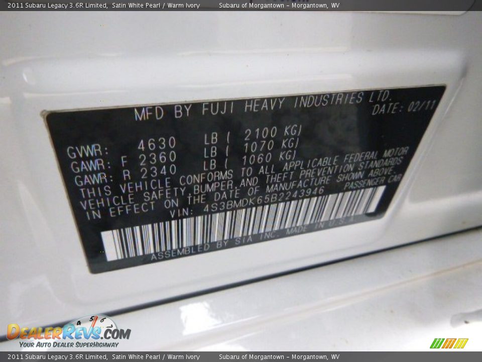 2011 Subaru Legacy 3.6R Limited Satin White Pearl / Warm Ivory Photo #23