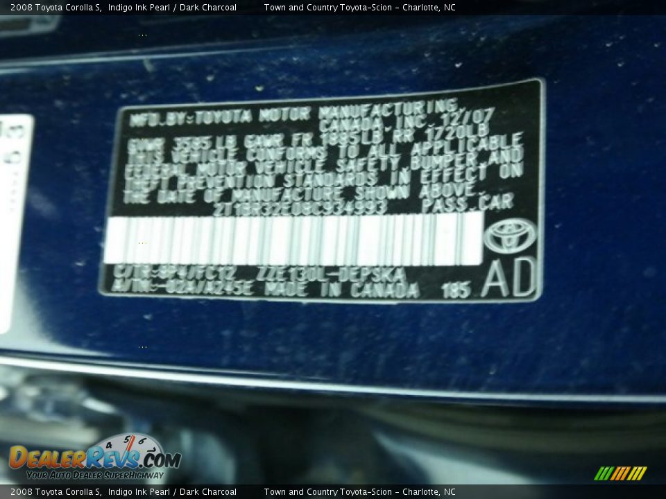 2008 Toyota Corolla S Indigo Ink Pearl / Dark Charcoal Photo #17