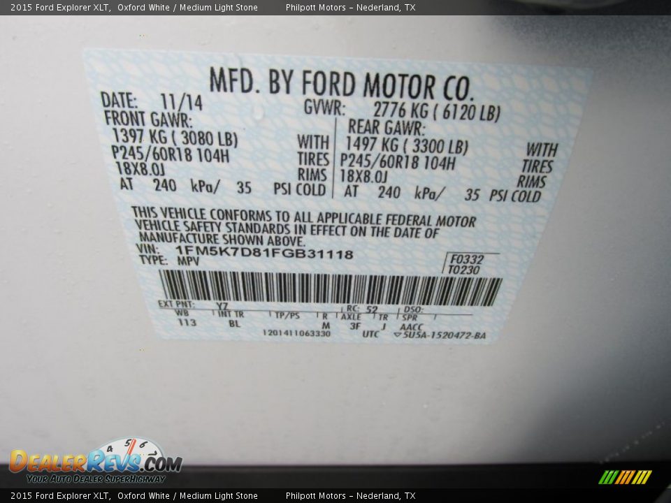 2015 Ford Explorer XLT Oxford White / Medium Light Stone Photo #35