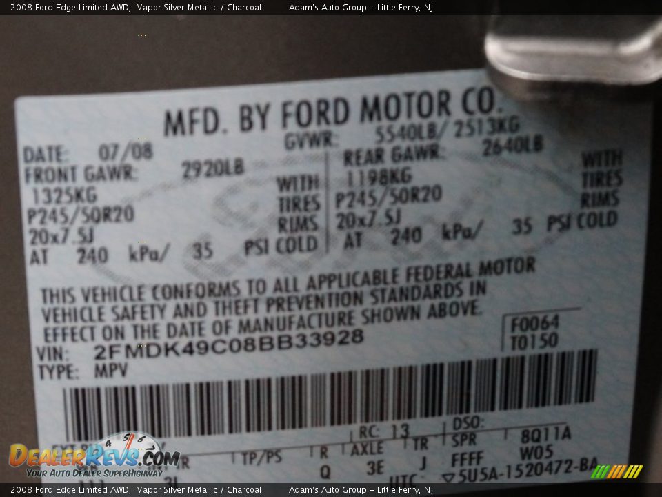 2008 Ford Edge Limited AWD Vapor Silver Metallic / Charcoal Photo #21