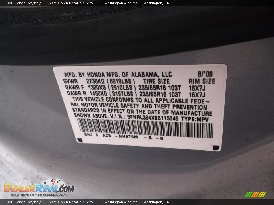 2008 Honda Odyssey EX Slate Green Metallic / Gray Photo #14