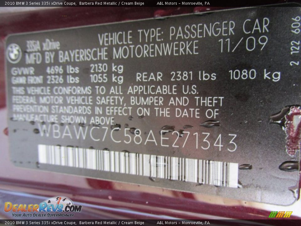 2010 BMW 3 Series 335i xDrive Coupe Barbera Red Metallic / Cream Beige Photo #19