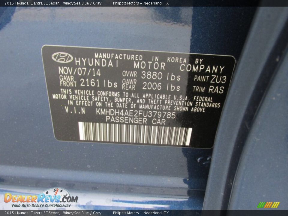 2015 Hyundai Elantra SE Sedan Windy Sea Blue / Gray Photo #32