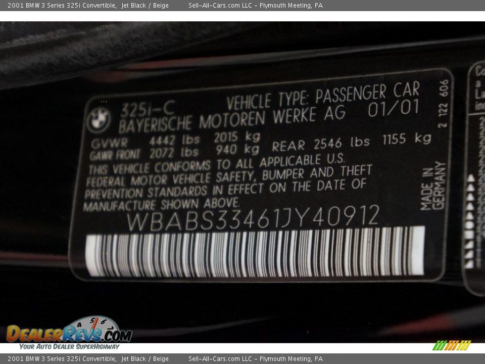 2001 BMW 3 Series 325i Convertible Jet Black / Beige Photo #16