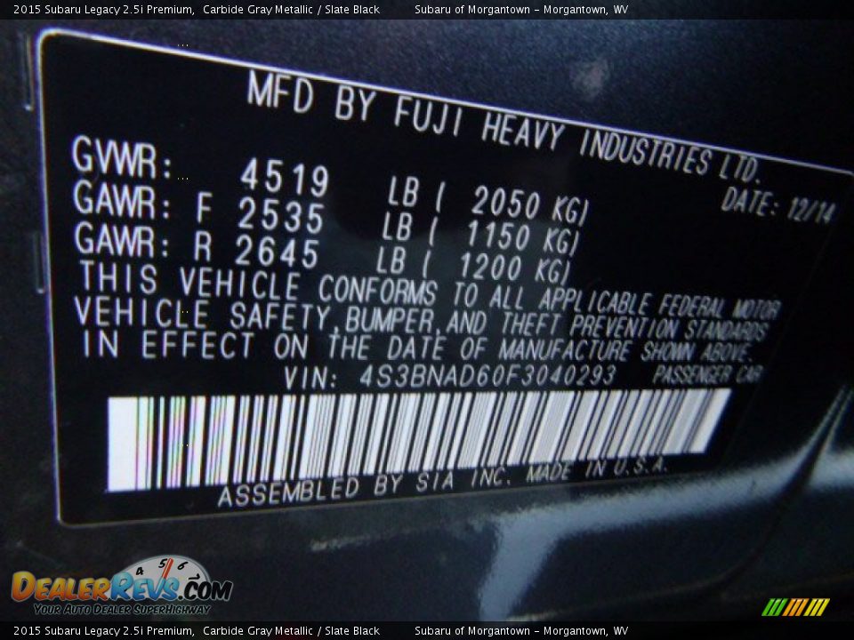 2015 Subaru Legacy 2.5i Premium Carbide Gray Metallic / Slate Black Photo #16