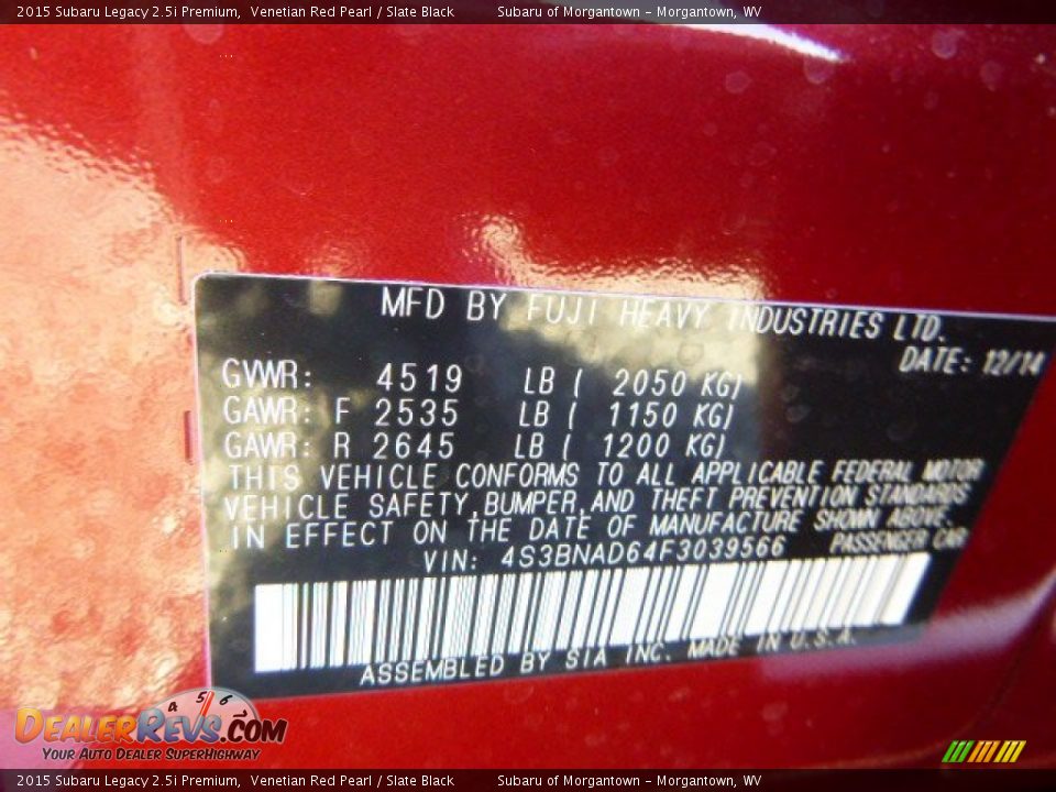 2015 Subaru Legacy 2.5i Premium Venetian Red Pearl / Slate Black Photo #16