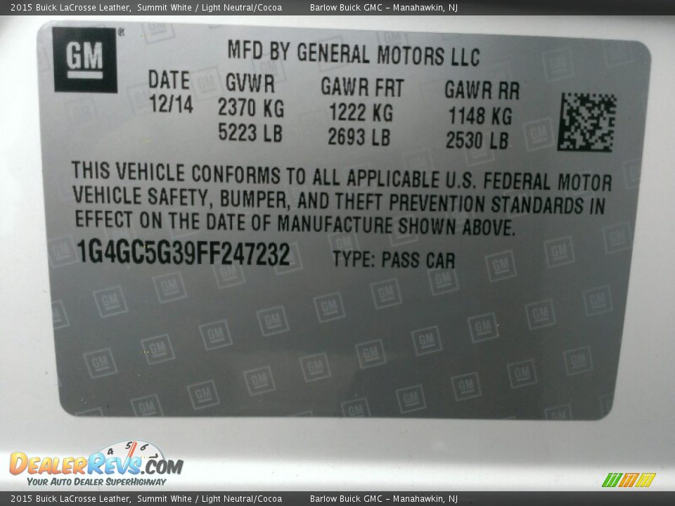 2015 Buick LaCrosse Leather Summit White / Light Neutral/Cocoa Photo #9