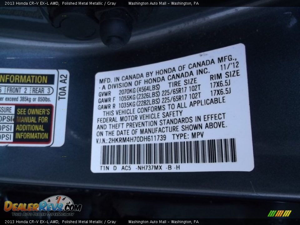 2013 Honda CR-V EX-L AWD Polished Metal Metallic / Gray Photo #19