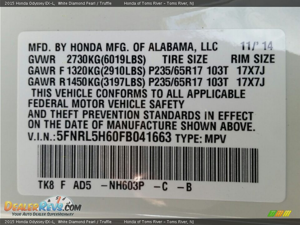 2015 Honda Odyssey EX-L White Diamond Pearl / Truffle Photo #4