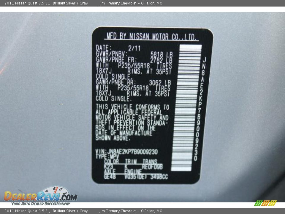 2011 Nissan Quest 3.5 SL Brilliant Silver / Gray Photo #17