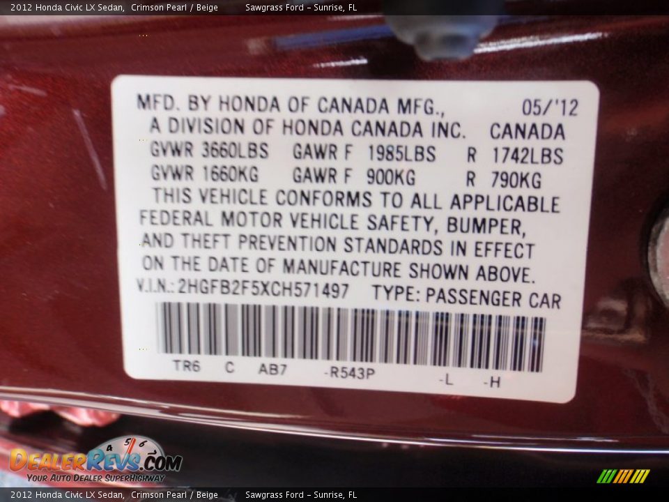 2012 Honda Civic LX Sedan Crimson Pearl / Beige Photo #32