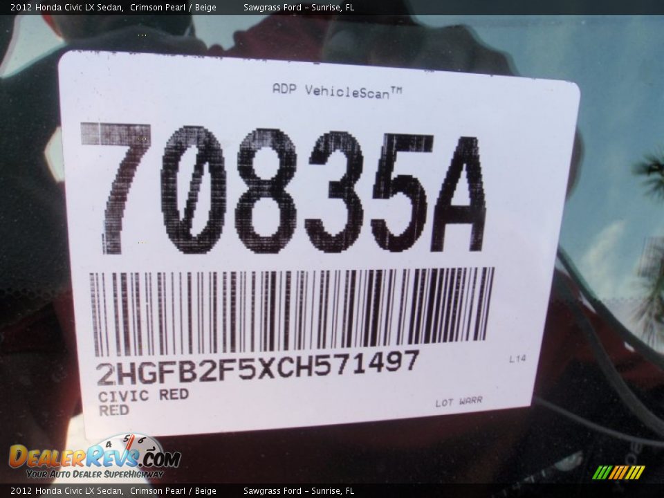 2012 Honda Civic LX Sedan Crimson Pearl / Beige Photo #33