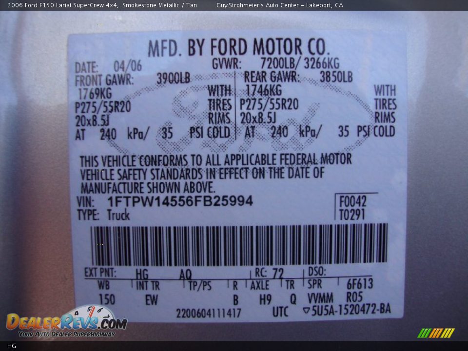 Ford Color Code HG Smokestone Metallic