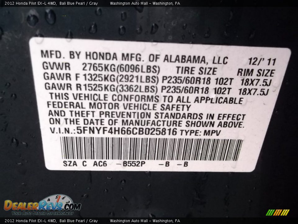 2012 Honda Pilot EX-L 4WD Bali Blue Pearl / Gray Photo #19