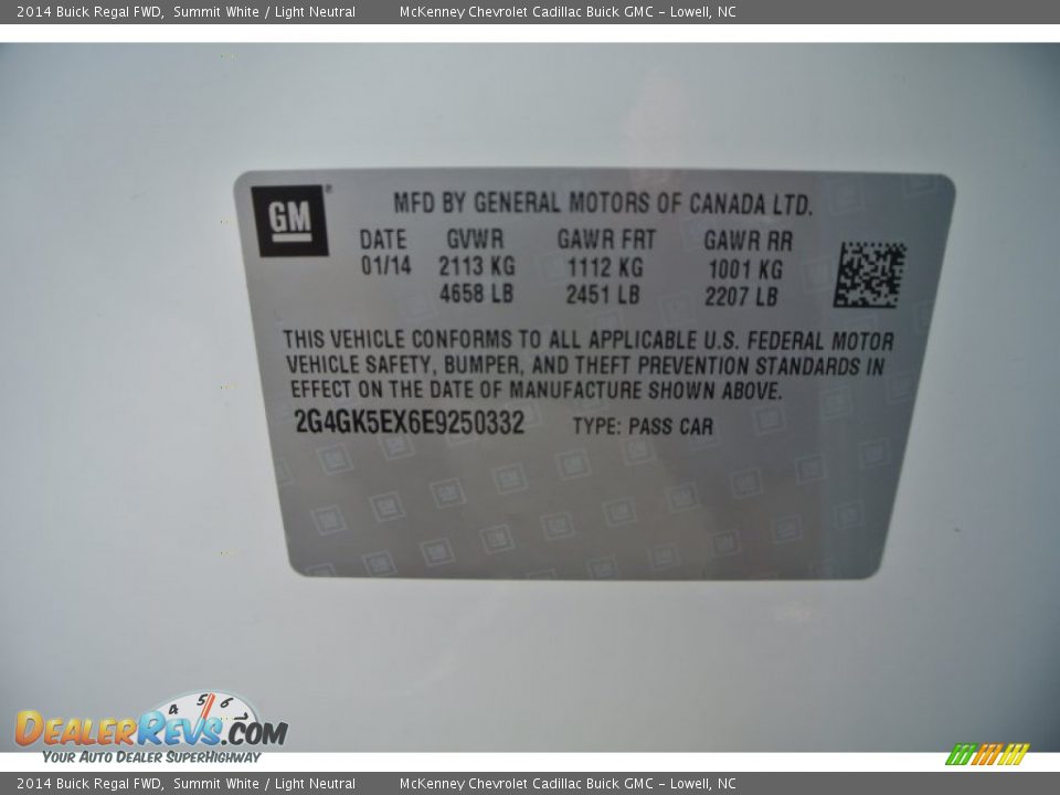 2014 Buick Regal FWD Summit White / Light Neutral Photo #7