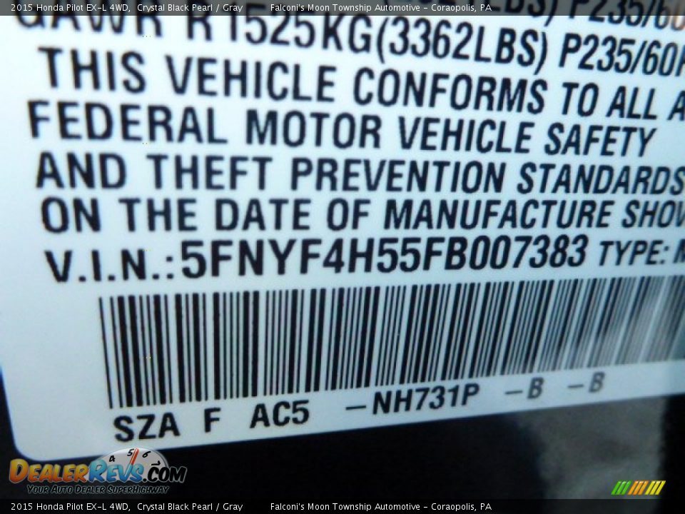2015 Honda Pilot EX-L 4WD Crystal Black Pearl / Gray Photo #20