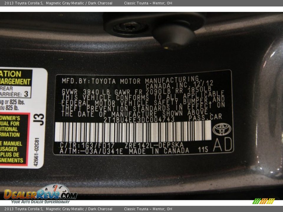 2013 Toyota Corolla S Magnetic Gray Metallic / Dark Charcoal Photo #18