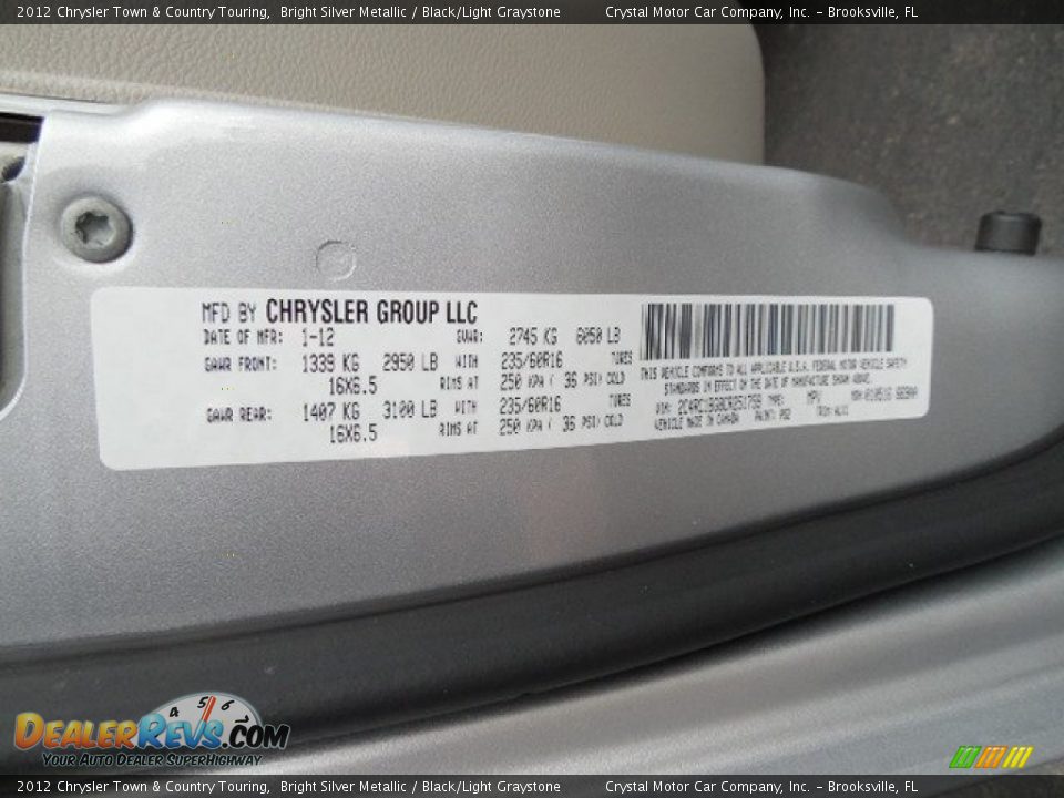2012 Chrysler Town & Country Touring Bright Silver Metallic / Black/Light Graystone Photo #25