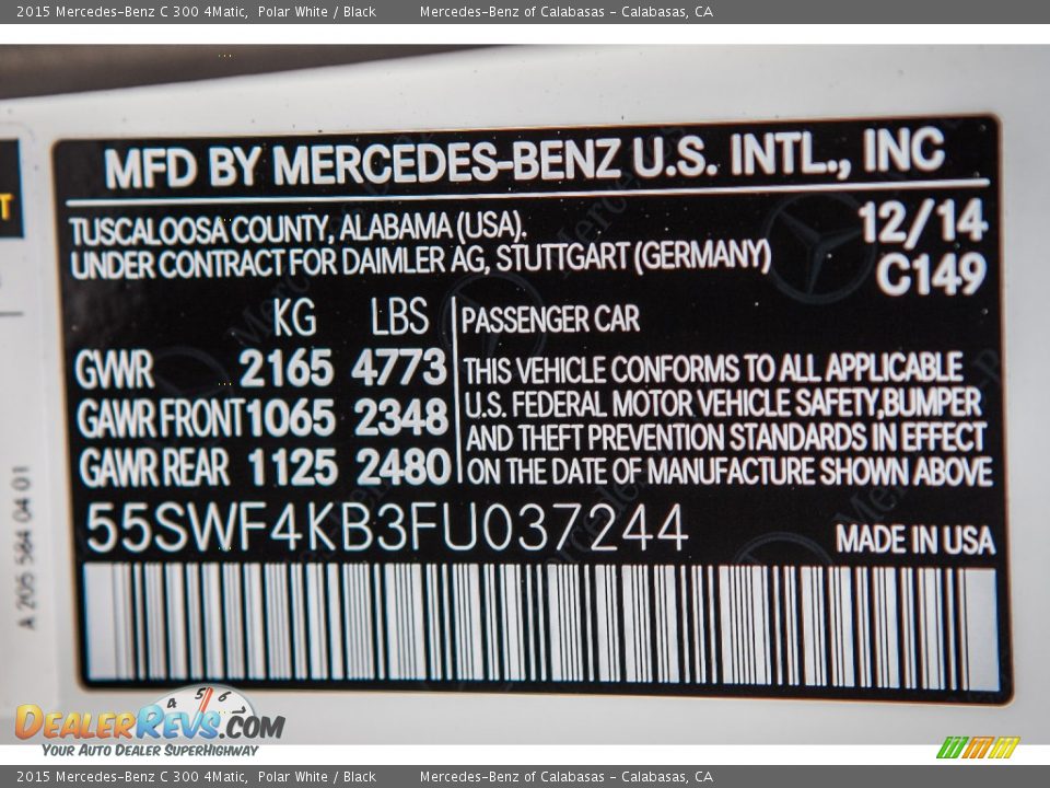 2015 Mercedes-Benz C 300 4Matic Polar White / Black Photo #7