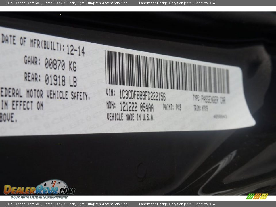 2015 Dodge Dart SXT Pitch Black / Black/Light Tungsten Accent Stitching Photo #9