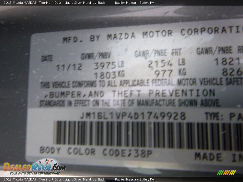 2013 Mazda MAZDA3 i Touring 4 Door Liquid Silver Metallic / Black Photo #12