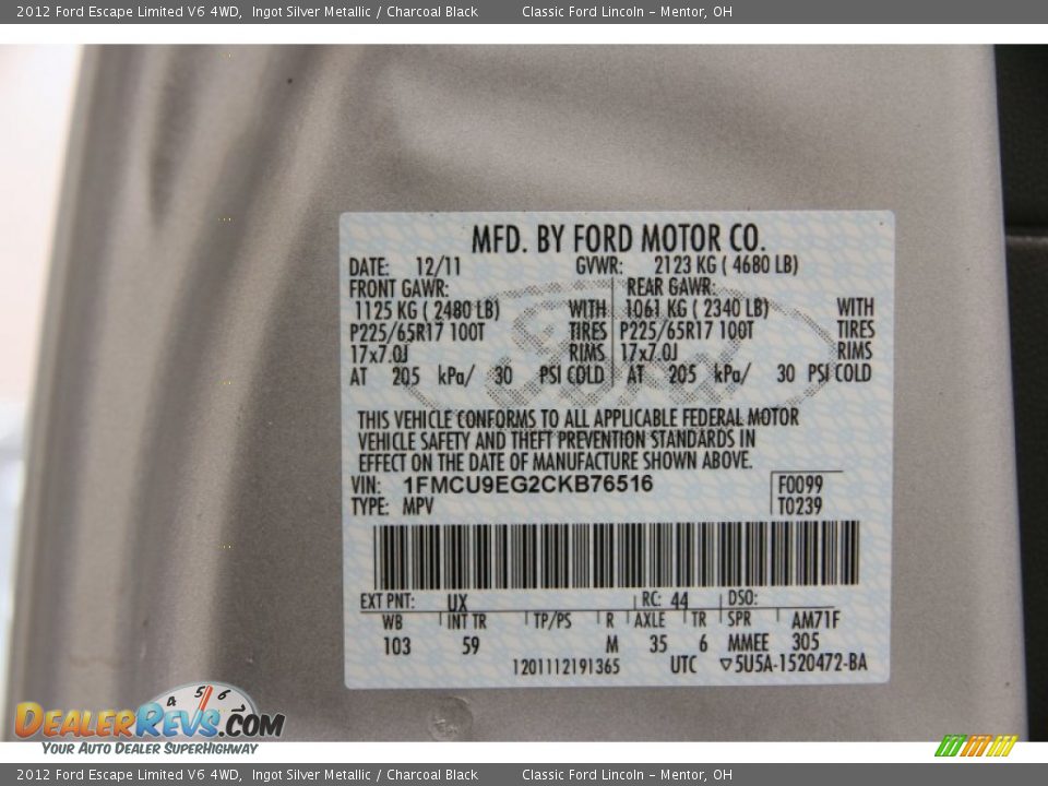 2012 Ford Escape Limited V6 4WD Ingot Silver Metallic / Charcoal Black Photo #13