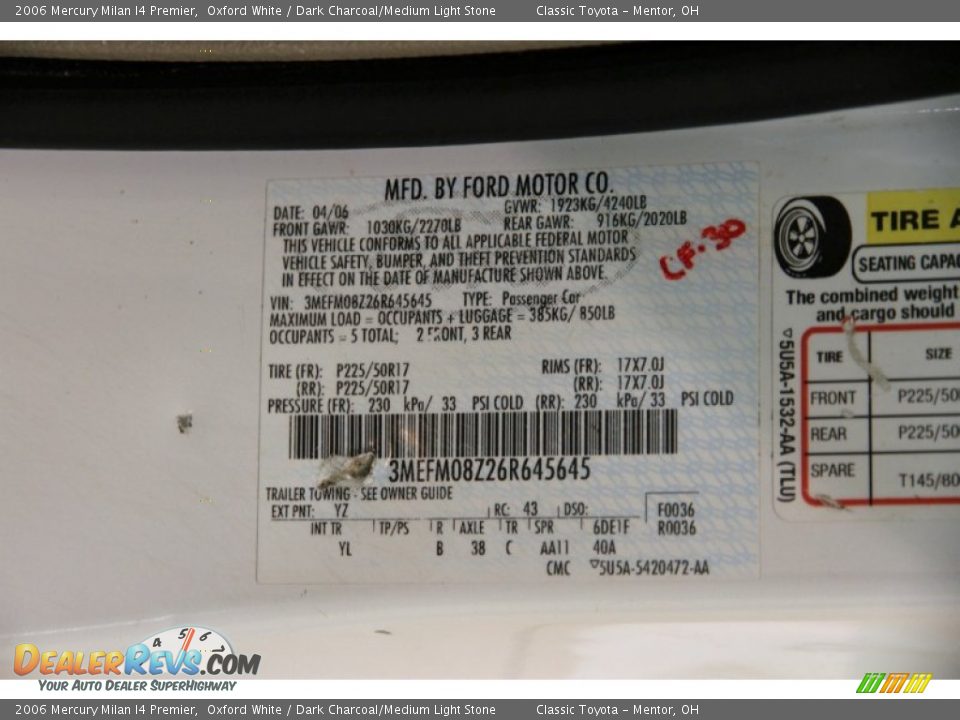 2006 Mercury Milan I4 Premier Oxford White / Dark Charcoal/Medium Light Stone Photo #15