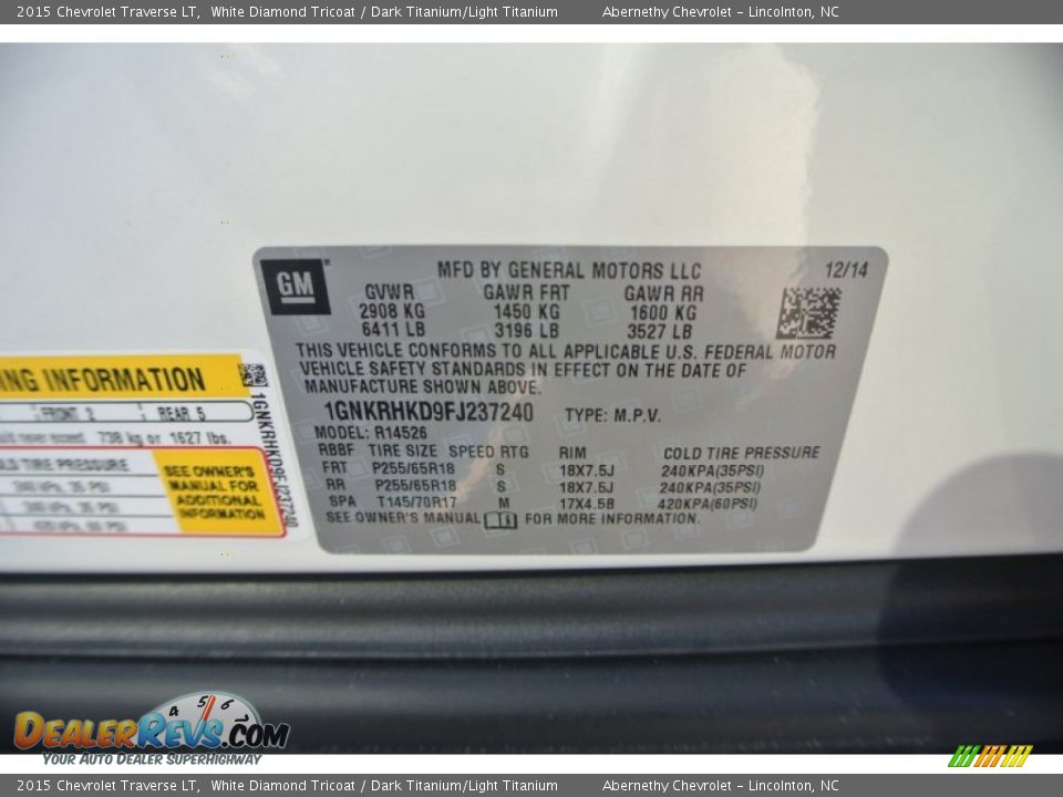 2015 Chevrolet Traverse LT White Diamond Tricoat / Dark Titanium/Light Titanium Photo #7