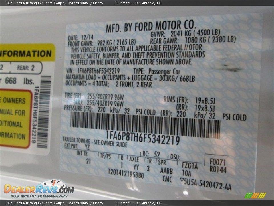 2015 Ford Mustang EcoBoost Coupe Oxford White / Ebony Photo #12