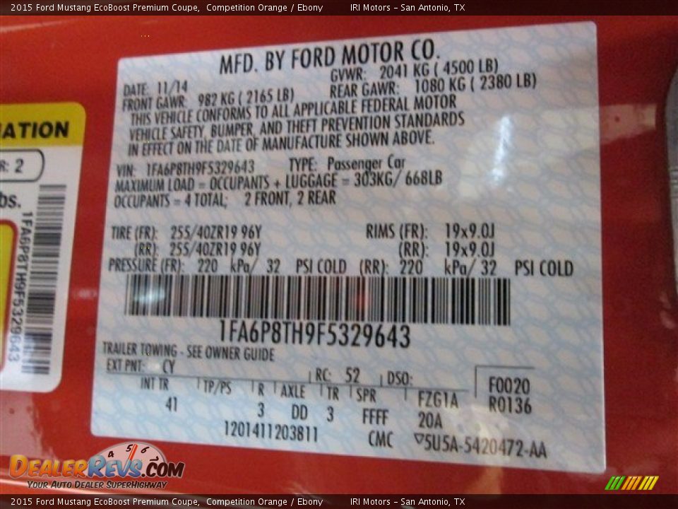 2015 Ford Mustang EcoBoost Premium Coupe Competition Orange / Ebony Photo #12