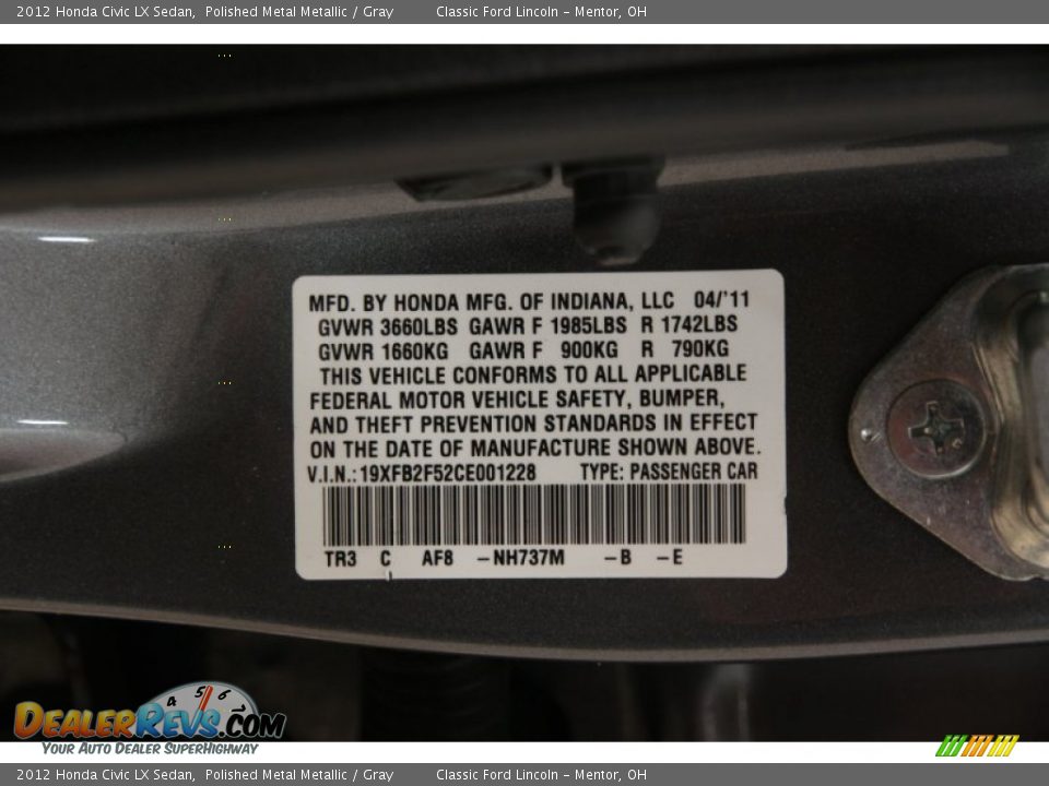 2012 Honda Civic LX Sedan Polished Metal Metallic / Gray Photo #17