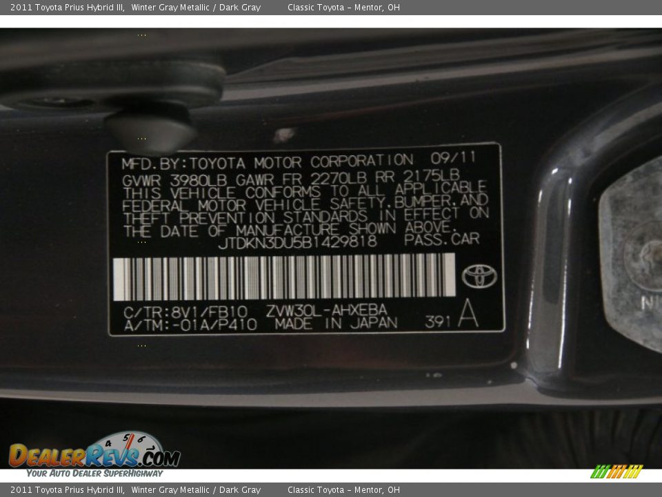 2011 Toyota Prius Hybrid III Winter Gray Metallic / Dark Gray Photo #16