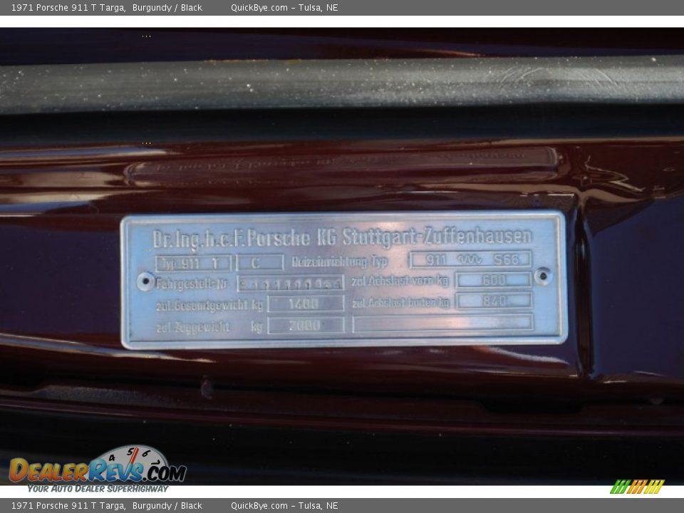 Info Tag of 1971 Porsche 911 T Targa Photo #12