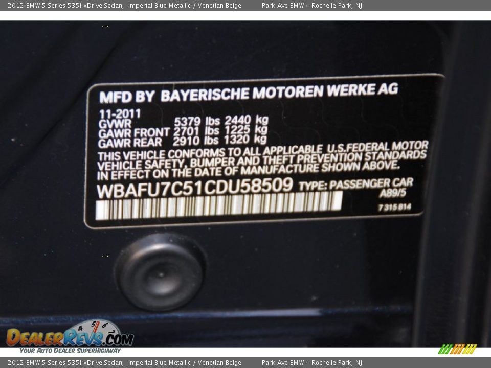 2012 BMW 5 Series 535i xDrive Sedan Imperial Blue Metallic / Venetian Beige Photo #34