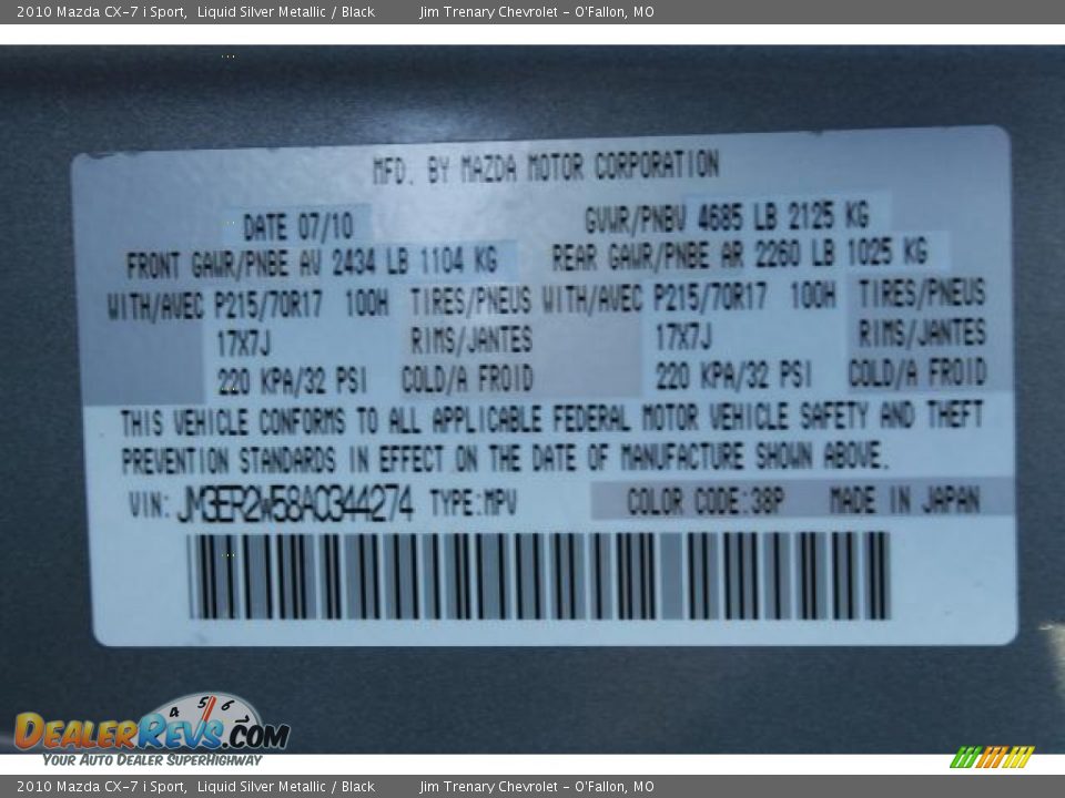 2010 Mazda CX-7 i Sport Liquid Silver Metallic / Black Photo #17