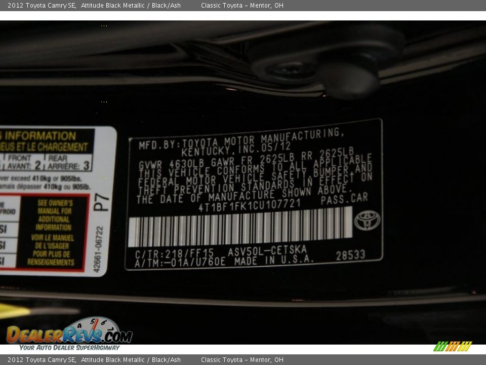 2012 Toyota Camry SE Attitude Black Metallic / Black/Ash Photo #17