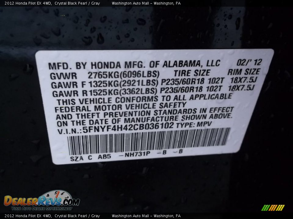 2012 Honda Pilot EX 4WD Crystal Black Pearl / Gray Photo #19