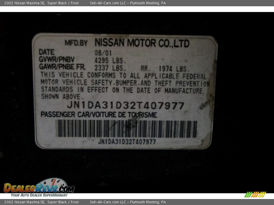 2002 Nissan Maxima SE Super Black / Frost Photo #14