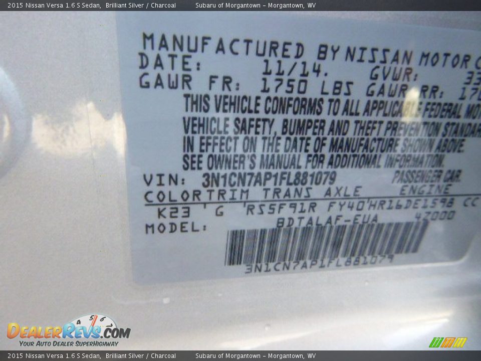 2015 Nissan Versa 1.6 S Sedan Brilliant Silver / Charcoal Photo #17